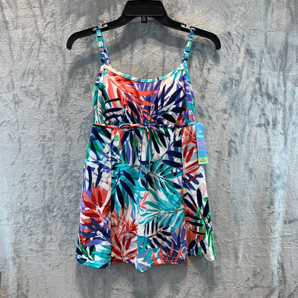 Swim Solutions Empire Princess Seam Swimdress Navy Blue Tropical Leaf Size 10 - Picture 1 of 8